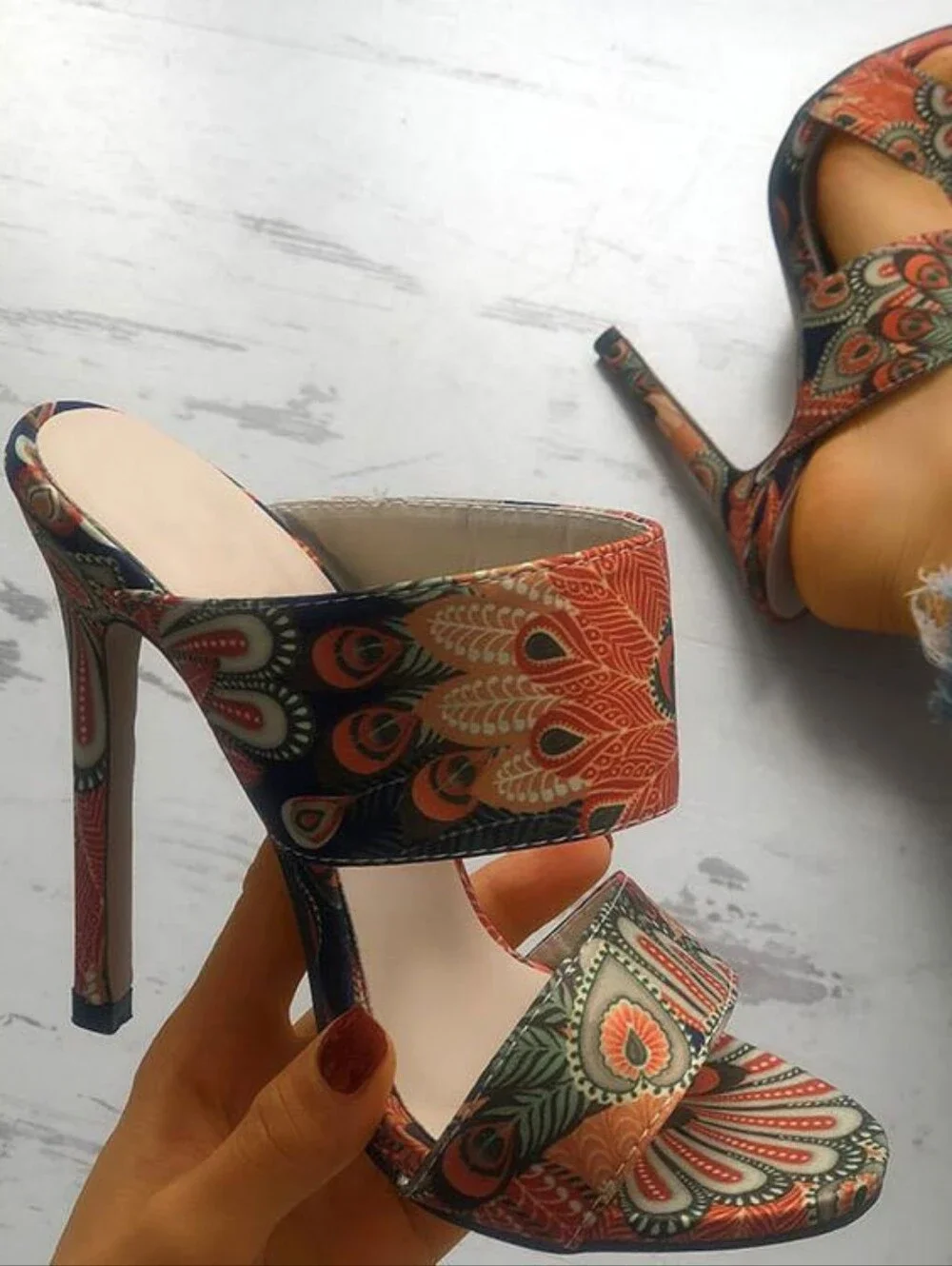 Women's Paisley Print High Heel Slide Sandals - Orange/ Blue/ Green Size EU 40